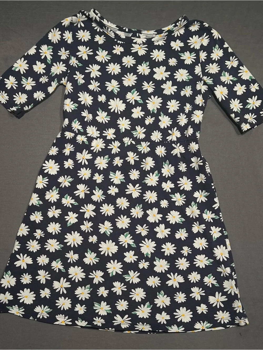 Girls Navy Blue White Daisy Floral Print Elbow Sleeve A-Line Dress